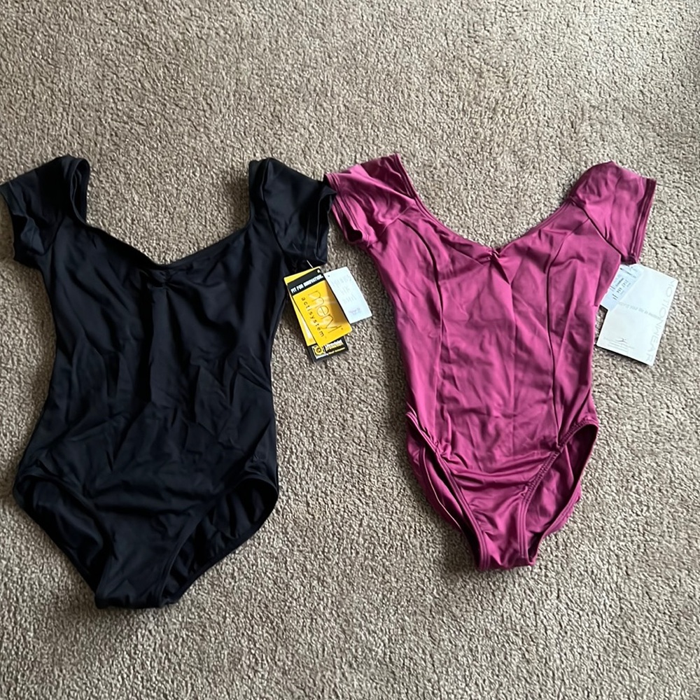 Cap sleeve pink and black leotards